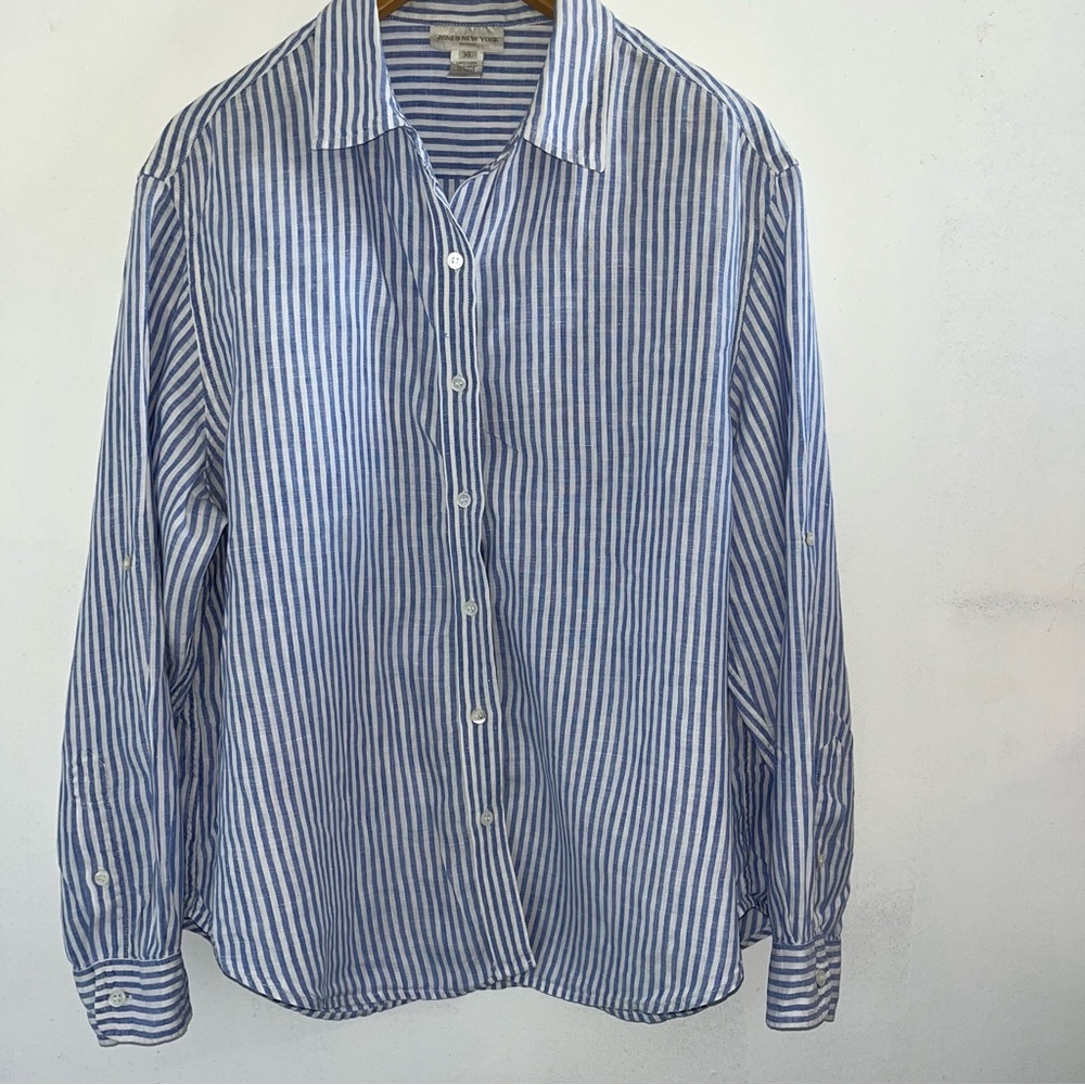 Jones New York Blue and White Striped Button-Up Blouse